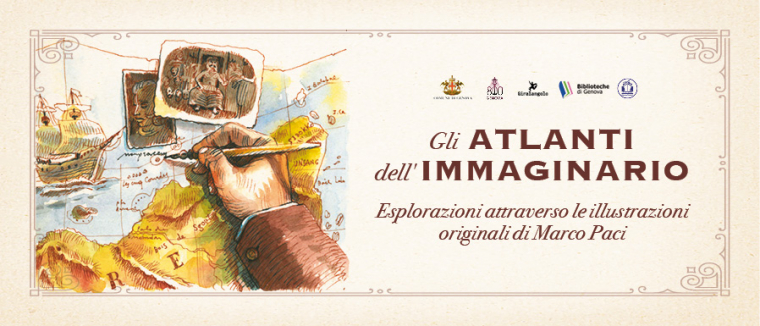 Locandina con titolo “Gli Atlanti dell’Immaginario” e illustrazione di mappe, bussola e taccuino su sfondo chiaro.