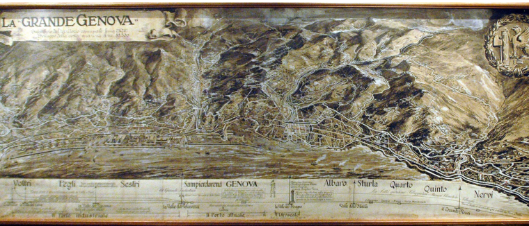 Una mappa panoramica storica di La Grande Genova, raffigurante la città e la riviera ligure dall'alto, da Voltri a Nervi.