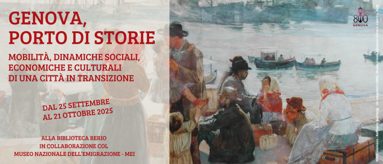 Banner mostra “Genova, porto di storie”, 2025, con dipinto di persone in partenza al porto.