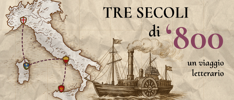 Le tappe del viaggio letterario sono evidenziate sulla cartina dell'Italia. In basso è rappresentato un piroscafo