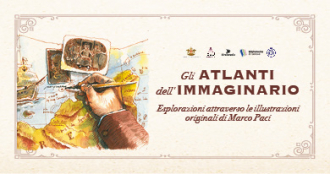 Locandina con titolo “Gli Atlanti dell’Immaginario” e illustrazione di mappe, bussola e taccuino su sfondo chiaro.