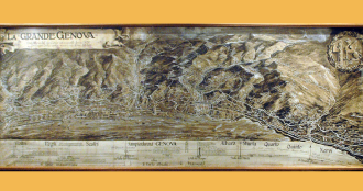 Una mappa panoramica storica di La Grande Genova, raffigurante la città e la riviera ligure dall'alto, da Voltri a Nervi.