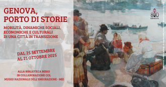 Banner mostra “Genova, porto di storie”, 2025, con dipinto di persone in partenza al porto.