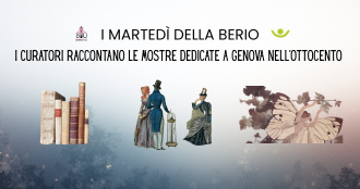 Banner promozionale "I Martedì della Berio" con illustrazioni di libri, figure in abiti ottocenteschi e una farfalla, per mostre su Genova nell'Ottocento.