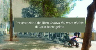Locandina con uno sfondo fotografico di un viale alberato. In primo piano compare un riquadro verde con il testo:  “Presentazione del libro Genova dal mare al cielo di Carlo Barbagelata”.