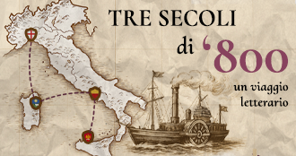 Le tappe del viaggio letterario sono evidenziate sulla cartina dell'Italia. In basso è rappresentato un piroscafo
