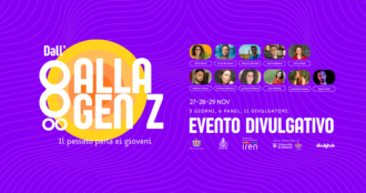 "Banner viola con il titolo 'Dall’800 alla Gen Z'. A destra sono presenti le foto dei divulgatori coinvolti. In basso compaiono date (27–29 novembre), informazioni sull’evento e i loghi degli enti patrocinatori."