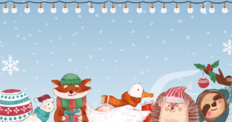 Un banner natalizio su sfondo azzurro con fiocchi di neve, riportante la scritta "Natale in biblioteca!" e decorato con una fila di animali stilizzati in abiti invernali e luci.