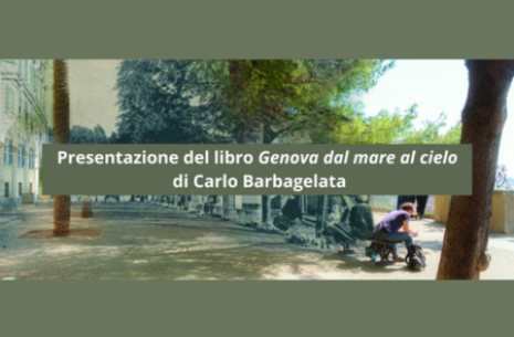 locandina con uno sfondo fotografico di un viale alberato. In primo piano compare un riquadro verde con il testo:  “Presentazione del libro Genova dal mare al cielo di Carlo Barbagelata”.