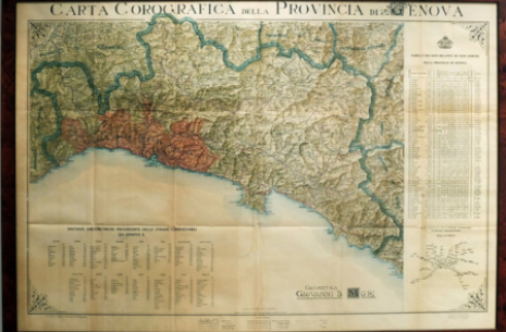 Una carta geografica storica della Provincia di Genova, incorniciata, con dettagli topografici e tabelle illustrative.