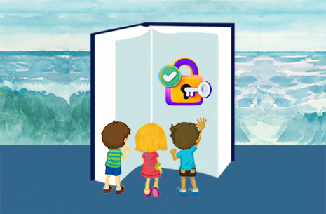 Immagine con il mare sullo sfondo e con tre bambini che guardano un libro aperto con all'interno l'icona di un lucchetto che si apre con una chiave