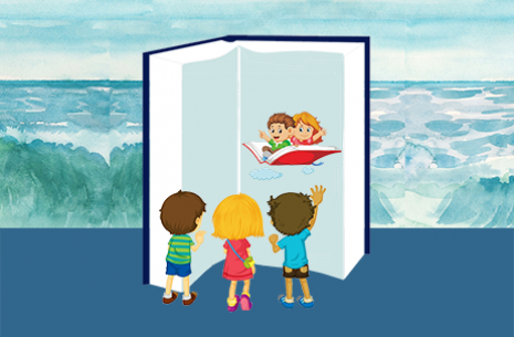 Sullo sfondo il mare, libro aperto con raffigurato in una delle pagine un libro volante e tre bambini sotto che osservano