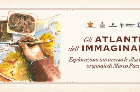 Locandina con titolo “Gli Atlanti dell’Immaginario” e illustrazione di mappe, bussola e taccuino su sfondo chiaro.