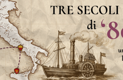 Le tappe del viaggio letterario sono evidenziate sulla cartina dell'Italia. In basso è rappresentato un piroscafo