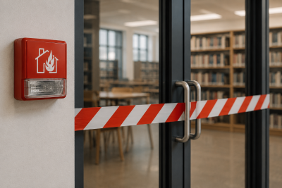 Ingresso di una biblioteca temporaneamente chiuso con nastro di sicurezza e allarme antincendio in primo piano.