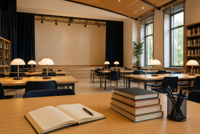 Ampia e luminosa aula studio con tavoli attrezzati, libri e postazioni individuali,
