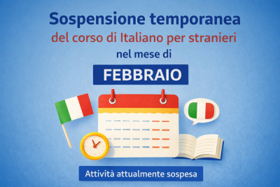 Grafica informativa con calendario, bandiera italiana e libro che annuncia la sospensione del corso di italiano per stranieri nel mese di febbraio.