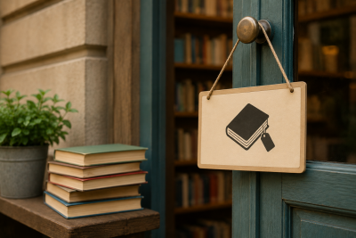 Ingresso di una biblioteca con libri in primo piano e un cartello sospeso che richiama la temporanea chiusura del servizio.