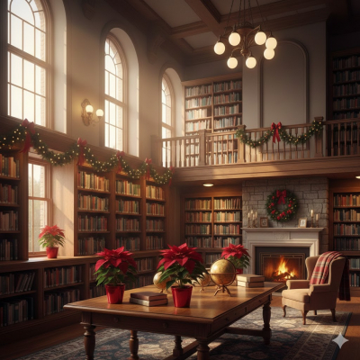 L'immagine ritrae l'interno di una biblioteca accogliente e ben illuminata, decorata per le festività natalizie.