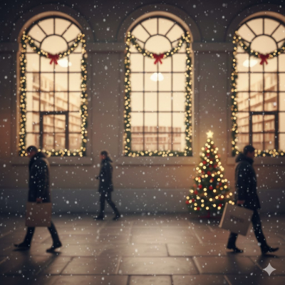 Un'immagine festiva e nevosa di un interno di biblioteca decorato per Natale