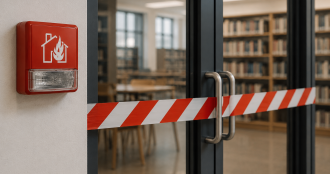 Ingresso di una biblioteca temporaneamente chiuso con nastro di sicurezza e allarme antincendio in primo piano.