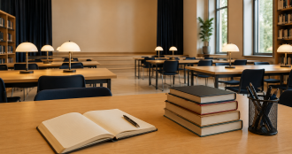 Ampia e luminosa aula studio con tavoli attrezzati, libri e postazioni individuali,