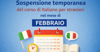 Grafica informativa con calendario, bandiera italiana e libro che annuncia la sospensione del corso di italiano per stranieri nel mese di febbraio.