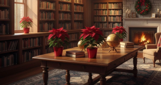 L'immagine ritrae l'interno di una biblioteca accogliente e ben illuminata, decorata per le festività natalizie.